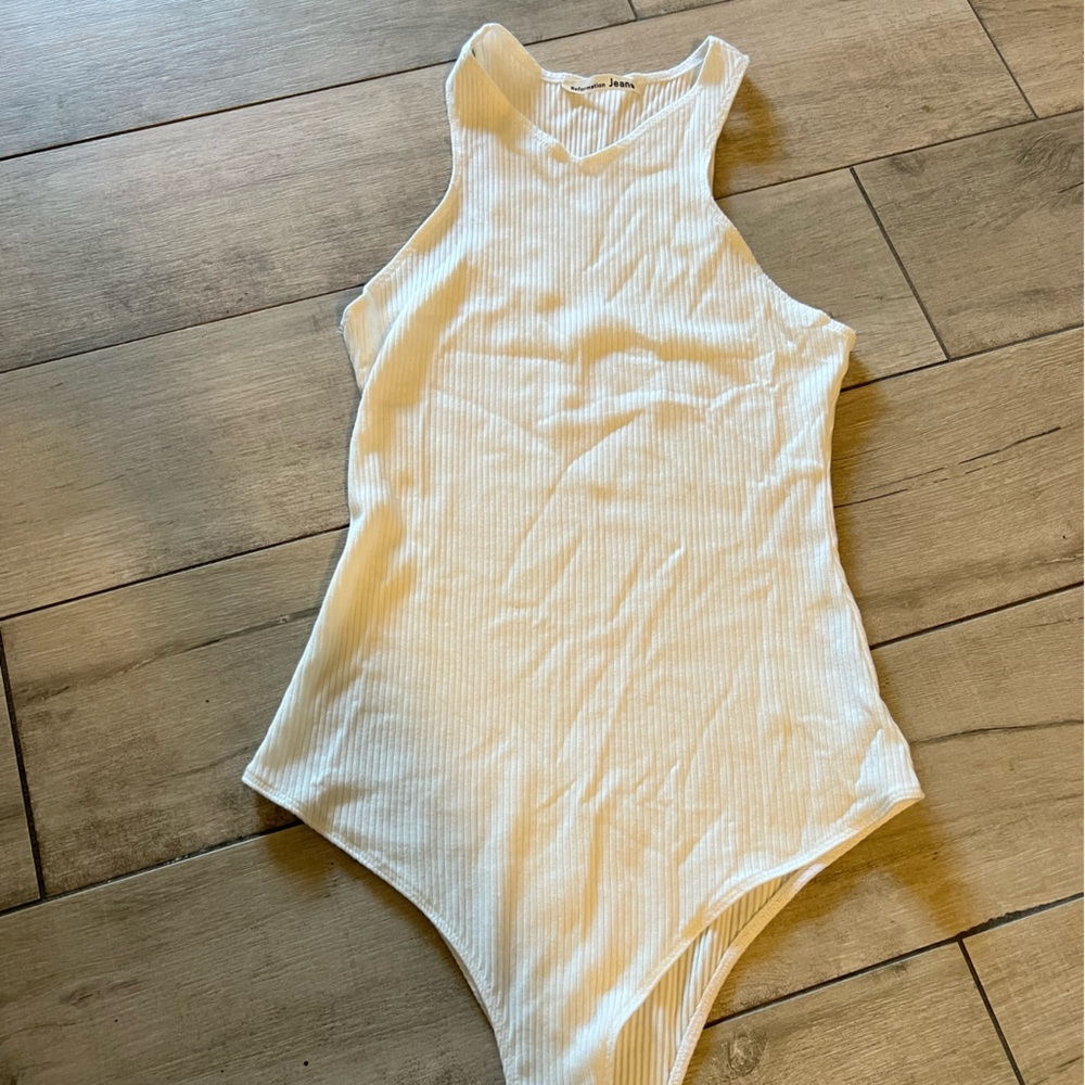 Reformation White Ribbed High Neck Bodysuit